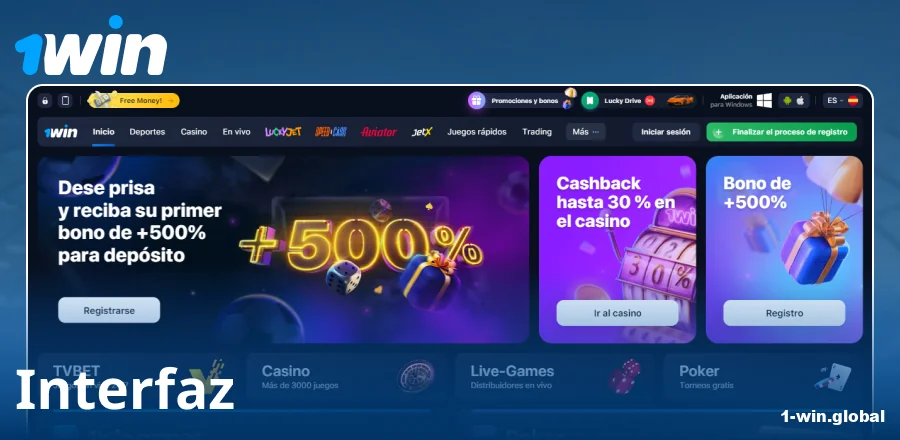 Diseño del sitio 1Win para españoles