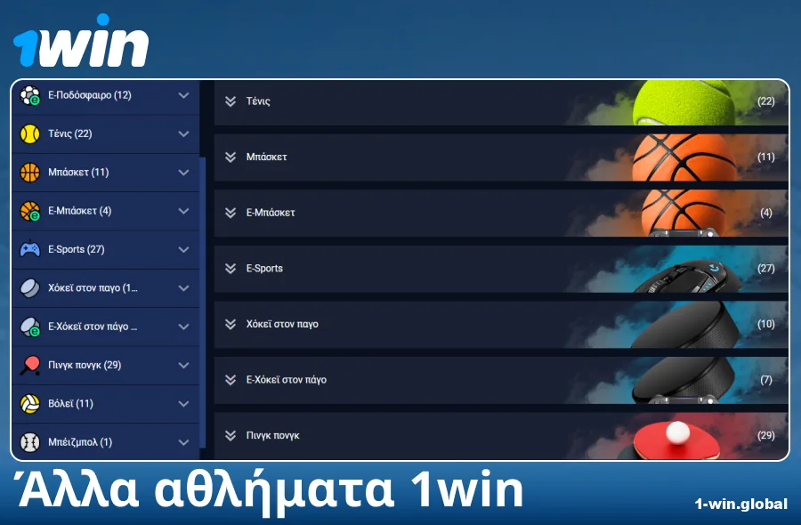 Διαθέσιμα αθλήματα στον bookmaker 1Win Ελλάδα