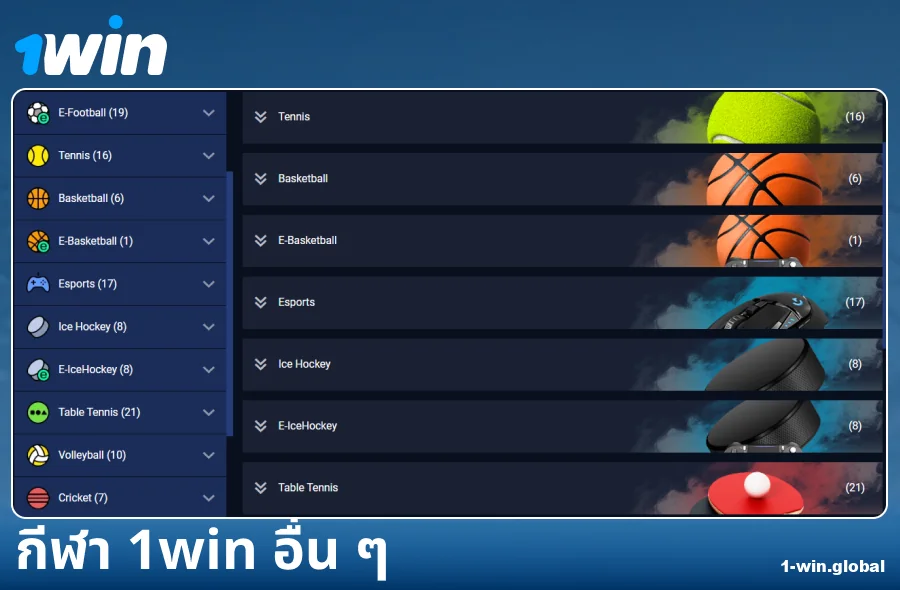 ประเภทกีฬาที่เจ้ามือรับแทง 1Win ประเทศไทยมีให้