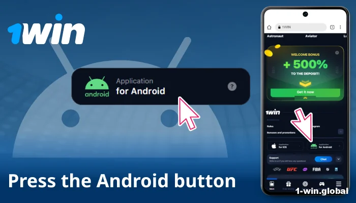 Click the Android icon and confirm 1win download