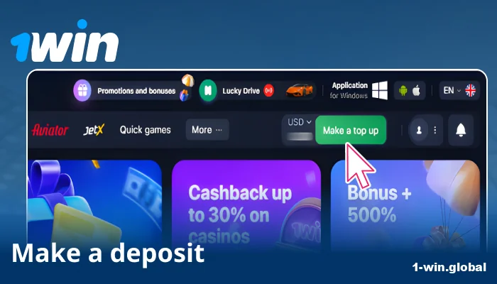 Go to cashier tab on 1win and select payment method