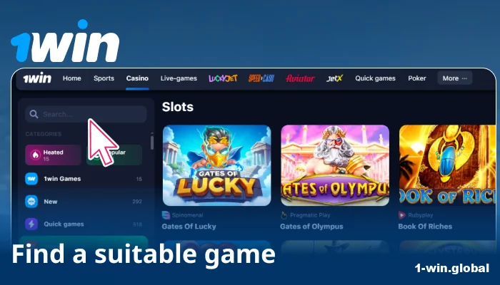 Use filters like New, Top, Only on 1win, or providers to choose